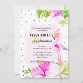 ピンクの金ゴールドのフラミンゴのプリンセスの熱帯菓子16 招待状 (正面)