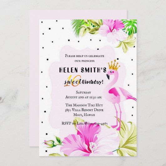 ピンクの金ゴールドのフラミンゴのプリンセスの熱帯菓子16 招待状 (正面/裏面)