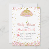 ピンクの金ゴールドの傘のベビーシャワーの招待 招待状 (正面)
