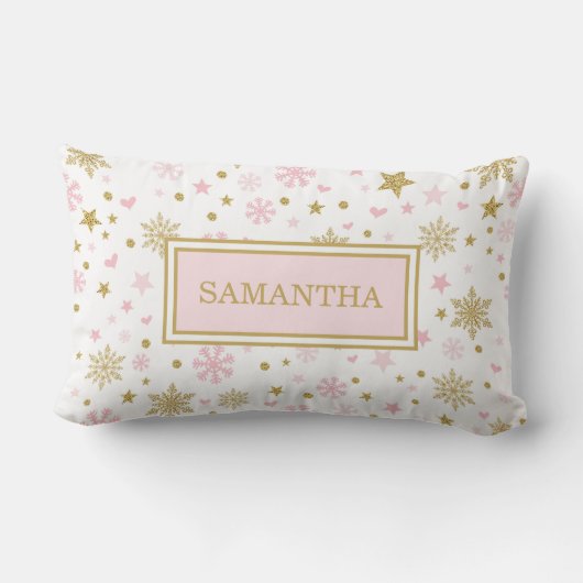 ピンクの金ゴールドの冬の雪片の女の赤ちゃんの子供部屋のギフト ランバークッション (裏面)