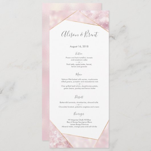 ピンクの金ゴールドの幾何学的な結婚式のメニューまたはプログラム・カード メニュー (正面/裏面)