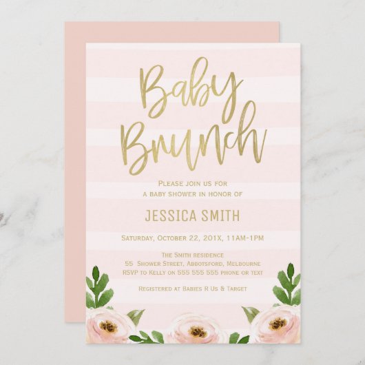 ピンクの金ゴールドの書道のバラのベビーシャワーの招待状 招待状 (正面/裏面)