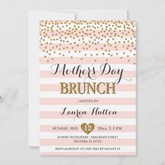 ピンクの金ゴールドの母の日のブランチのエレガントでモダンな上品 招待状 (正面)