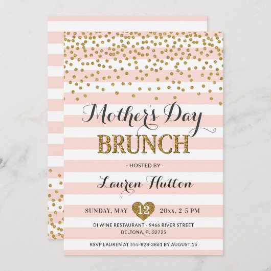 ピンクの金ゴールドの母の日のブランチのエレガントでモダンな上品 招待状 (正面/裏面)