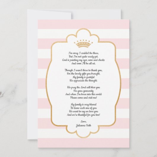 ピンクの金ゴールドの王冠のベビーシャワーはノート感謝していしています + 詩 サンキューカード (正面)