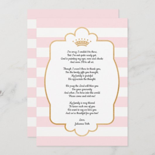 ピンクの金ゴールドの王冠のベビーシャワーはノート感謝していしています + 詩 サンキューカード (正面/裏面)