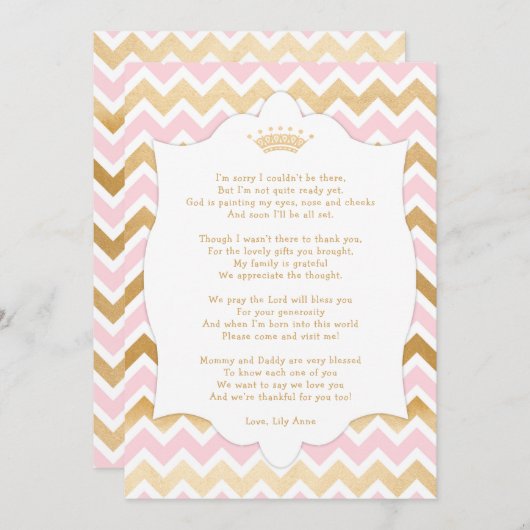 ピンクの金ゴールドの王冠のベビーシャワーはメッセージカード感謝していしています サンキューカード (正面/裏面)