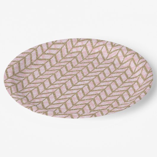 ピンクの金ゴールドの王室のなダマスク織のシェブロンのグリッターの写真のプリント ペーパープレート (アングル)