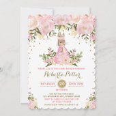 ピンクの金ゴールドの花のバニーウサギのベビーシャワーの招待 招待状 (正面)
