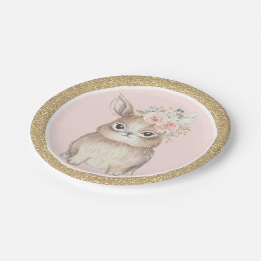 ピンクの金ゴールドの花のバニーウサギのベビーシャワーの誕生日 ペーパープレート (アングル)