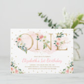 ピンクの金ゴールドの花のバラの第1最初誕生会 招待状 (スタンド正面)