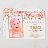 ピンクの金ゴールドの花のDreamcatcherの第2誕生日の招待 招待状 (正面/裏面)