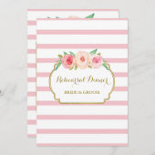 ピンクの金ゴールドの花柄のストライプなリハーサルのディナー・パーティ 招待状 (正面/裏面)