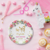ピンクの金ゴールドの蝶/かわいらしい水彩画の花柄 ペーパープレート (パーティー)