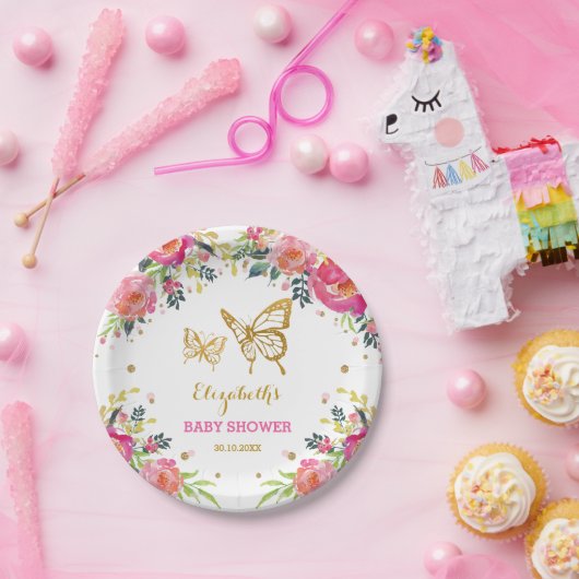 ピンクの金ゴールドの蝶/かわいらしい水彩画の花柄 ペーパープレート (パーティー)