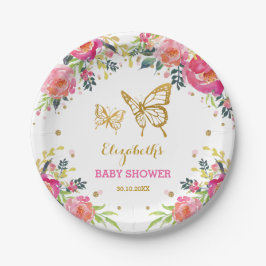 ピンクの金ゴールドの蝶/かわいらしい水彩画の花柄 ペーパープレート