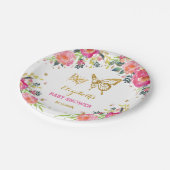 ピンクの金ゴールドの蝶/かわいらしい水彩画の花柄 ペーパープレート (アングル)