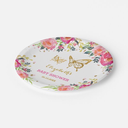 ピンクの金ゴールドの蝶/かわいらしい水彩画の花柄 ペーパープレート (アングル)