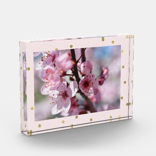 ピンクの金ゴールドの輝きの紙吹雪のパーソナライズな写真 フォトブロック (左)