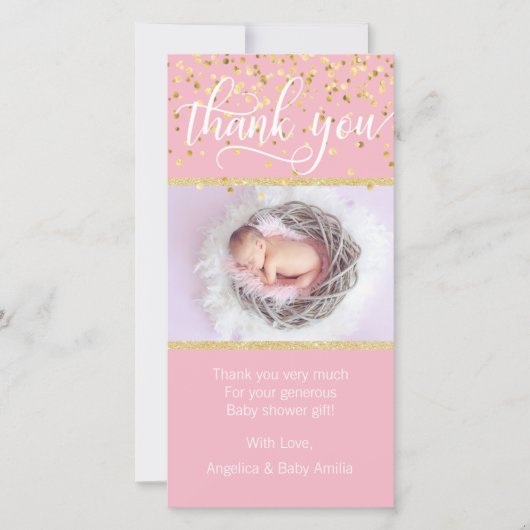 ピンクの金ゴールドはベビーシャワーの女の子|の写真感謝していしています サンキューカード (正面)