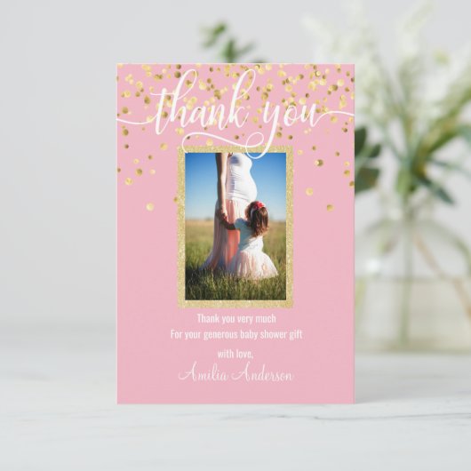ピンクの金ゴールドはベビーシャワーの女の子|の写真感謝していしています サンキューカード (スタンド正面)