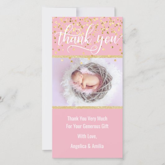 ピンクの金ゴールドはベビーシャワーの女の子|の写真感謝していしています サンキューカード (正面)
