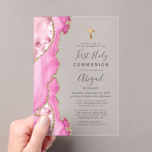 ピンクの金ゴールドは女の子を最初の聖餐式 アクリル招待状 (インサイチュ (ポータブル))