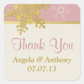 ピンクの金ゴールドアイボリースノーフレーク冬のウェディングシール スクエアシール (正面)