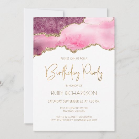 ピンクの金ゴールドアゲエデ任意の年の誕生日 招待状 (正面)