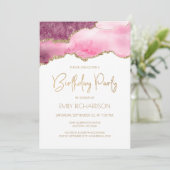 ピンクの金ゴールドアゲエデ任意の年の誕生日 招待状 (スタンド正面)