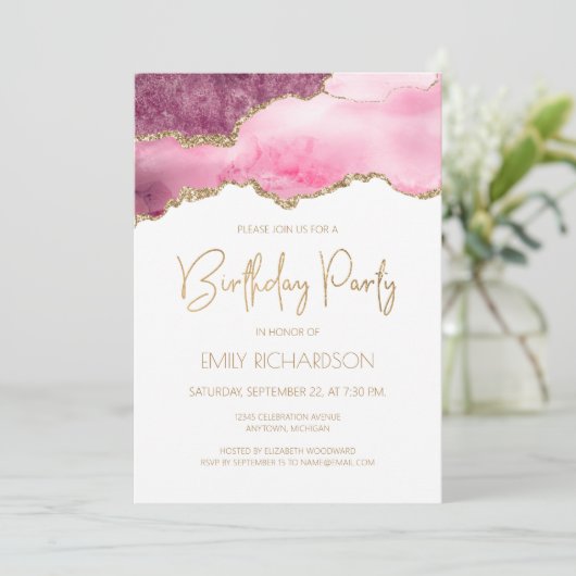 ピンクの金ゴールドアゲエデ任意の年の誕生日 招待状 (スタンド正面)