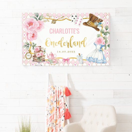 ピンクの金ゴールドアリスOnederland 1st誕生日パーティー 横断幕 (インサイチュ)