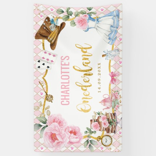 ピンクの金ゴールドアリスOnederland 1st誕生日パーティー 横断幕 (縦)