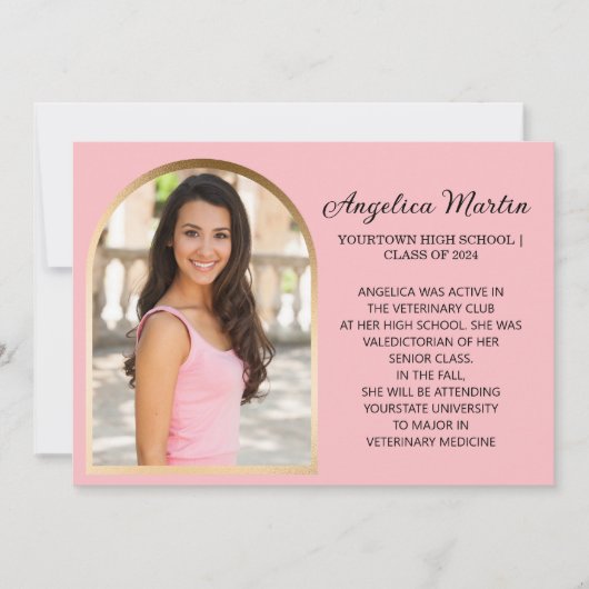 ピンクの金ゴールドアーチ写真の卒業発表 案内状 (正面)