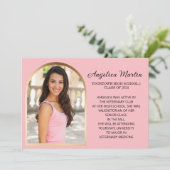ピンクの金ゴールドアーチ写真の卒業発表 案内状 (スタンド正面)