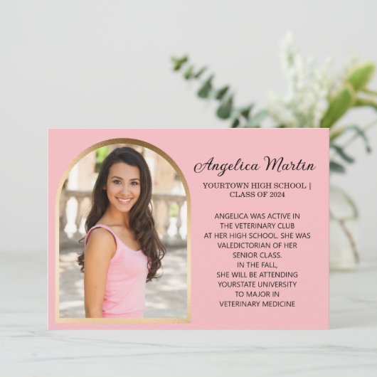 ピンクの金ゴールドアーチ写真の卒業発表 案内状 (スタンド正面)