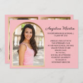 ピンクの金ゴールドアーチ写真の卒業発表 案内状 (正面/裏面)