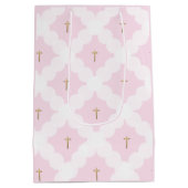 ピンクの金ゴールドエレガントが白いパターンのバプテスマ ミディアムペーパーバッグ (裏面)