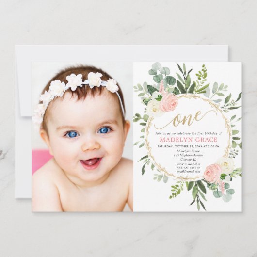 ピンクの金ゴールドエレガントの緑の女の子1歳の誕生日の写真 招待状 (正面)