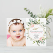 ピンクの金ゴールドエレガントの緑の女の子1歳の誕生日の写真 招待状 (スタンド正面)