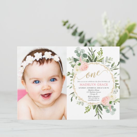 ピンクの金ゴールドエレガントの緑の女の子1歳の誕生日の写真 招待状 (スタンド正面)