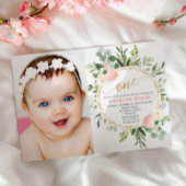 ピンクの金ゴールドエレガントの緑の女の子1歳の誕生日の写真 招待状