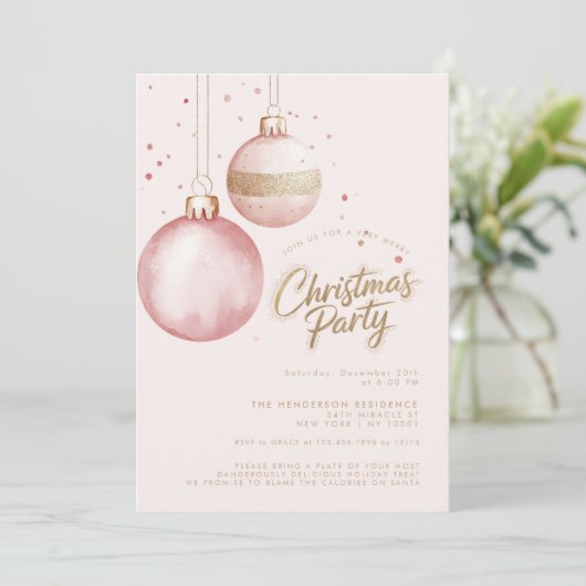 ピンクの金ゴールドエレガントオーナメントクリスマスパーティー 招待状 (スタンド正面)