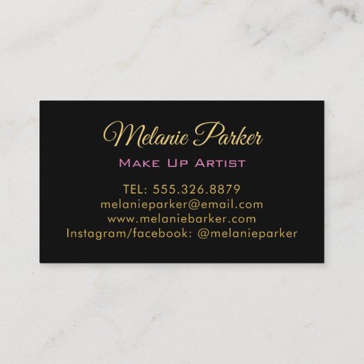 ピンクの金ゴールドエレガントグリッターメイクアップアーティストブラック 名刺 (裏面)