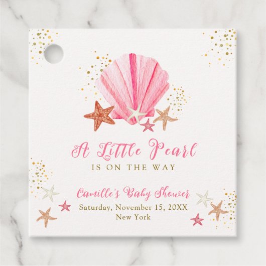 ピンクの金ゴールドエレガントシーシェルベイビーシャワー フェイバータグ (正面)