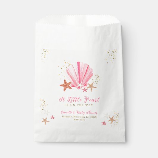 ピンクの金ゴールドエレガントシーシェルベイビーシャワー フェイバーバッグ (正面)