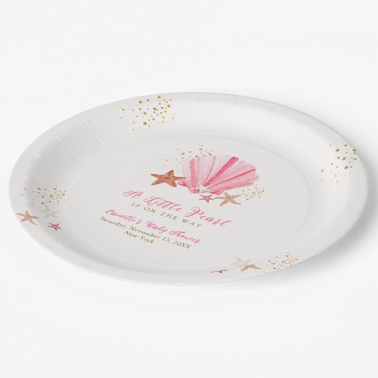 ピンクの金ゴールドエレガントシーシェルベイビーシャワー ペーパープレート (アングル)
