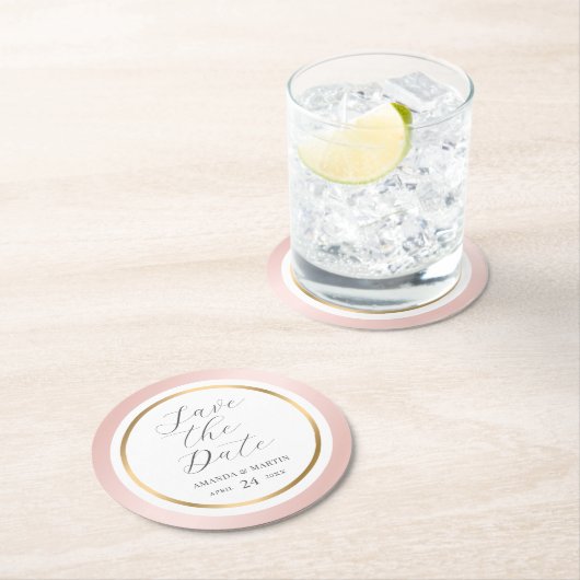 ピンクの金ゴールドエレガントスクリプト結婚式の日付を保存 ラウンドペーパーコースター (インサイチュ)