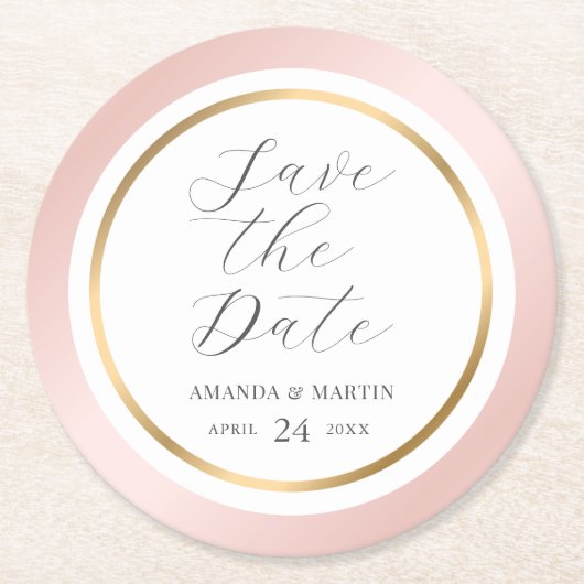 ピンクの金ゴールドエレガントスクリプト結婚式の日付を保存 ラウンドペーパーコースター (正面)