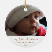 ピンクの金ゴールドエレガントフォトベビーの初めてのクリスマス セラミックオーナメント (裏面)